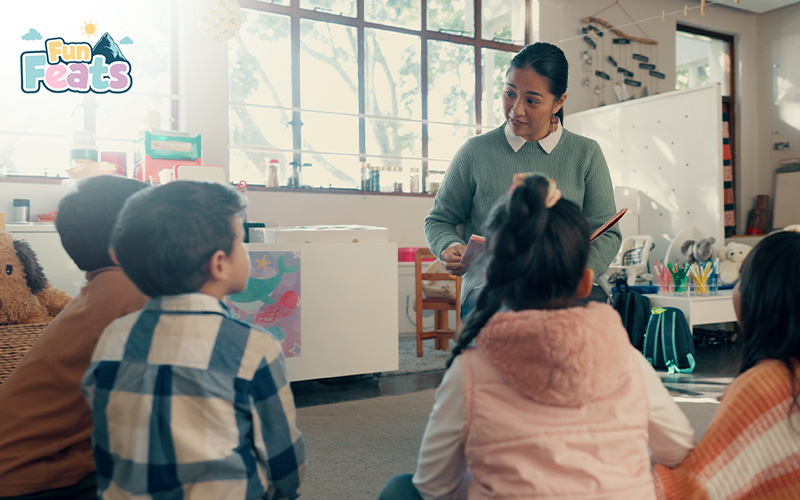 Teacher guiding a group of preschoolers during a classroom emotional regulation activity